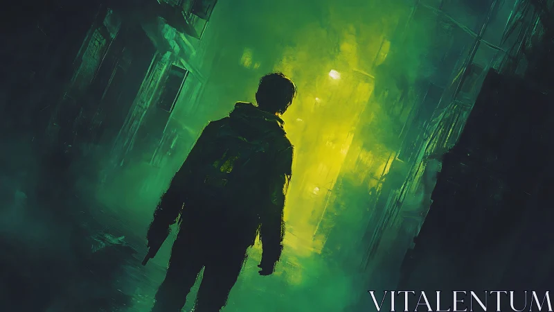 Neon fog drifter stalking a toxic green midnight alleyway.