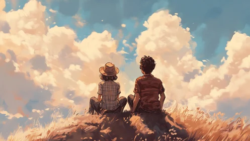 Summer hillside quietude with two friends under clouds.