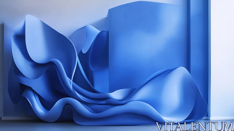 Fluid azure drapery against monolithic wall in 3D abstraction.
