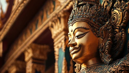 Golden temple guardian sculpture glows in warm sunset light.