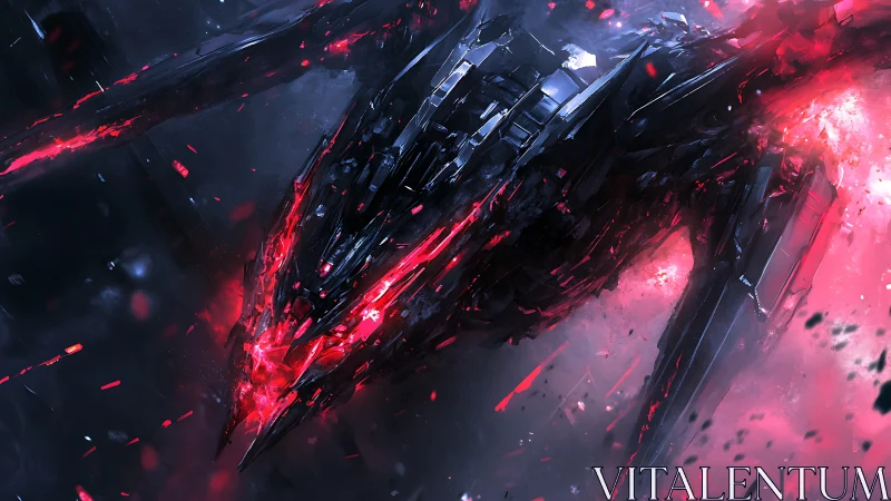 Crimson void striker erupts from shadowed galactic storm.