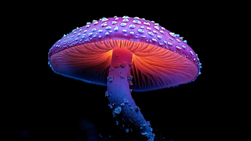 Bioluminescent fly agaric mushroom underside in neon macro profile