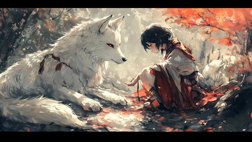 Girl and white wolf in quiet forest clearing at dusk.
