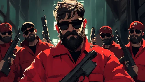 Bearded red-clad enforcers march through neon-shadowed alleyways.