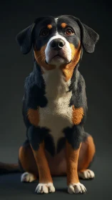 Tri-color dog portrait rendered in soft, dramatic lighting.