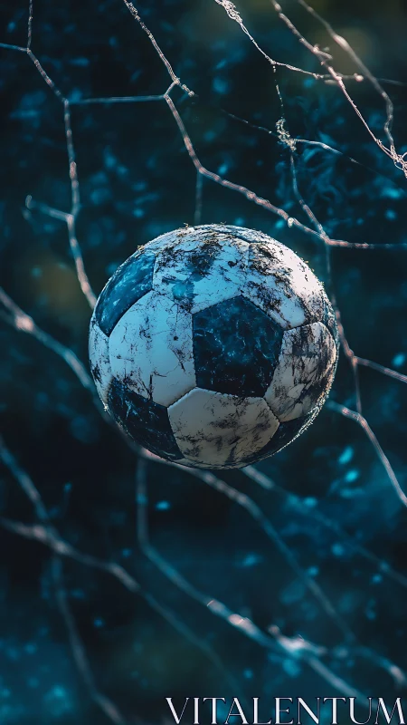 Weathered soccer ball is suspended within deformed goal net