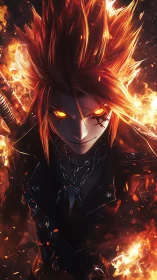 Fiery warrior with blazing eyes strides through swirling flames