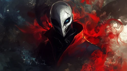 Masked humanoid entity emerges from painterly red smoke plumes