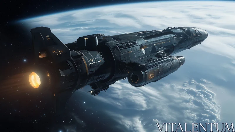 Orbital spacecraft above cloud-covered planetary surface.