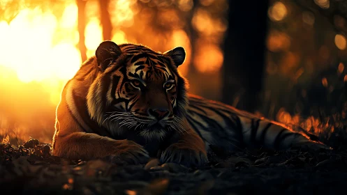 Photorealistic tiger portrait in golden hour rim lighting.