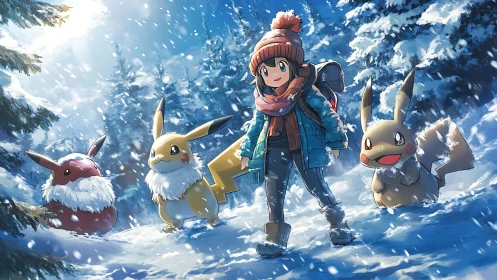 Anime trainer with winter Pokémon in snowy forest scene.
