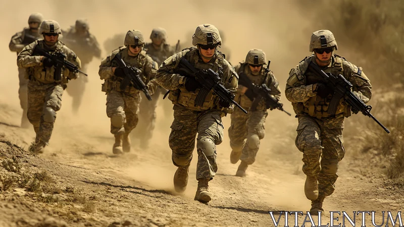 Modern infantry squad advancing through arid dust corridor