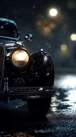 Rainlit classic car waiting quietly on a midnight street.