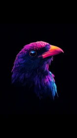 Neon-lit bird portrait renders iridescent plumage with high contrast