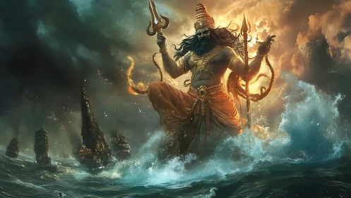 Storm‑crowned sea deity strides through shattered ocean spires