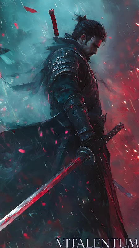 Stormlit samurai warrior amid teal and crimson embers.