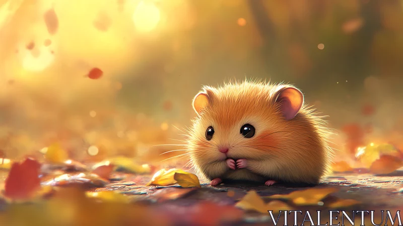 Fluffy autumn hamster cuddled in a golden leaf-strewn glow.