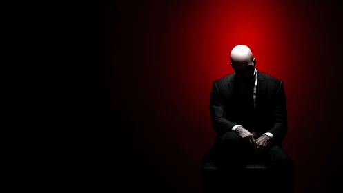 Bald suited figure in chiaroscuro against red haloed void.