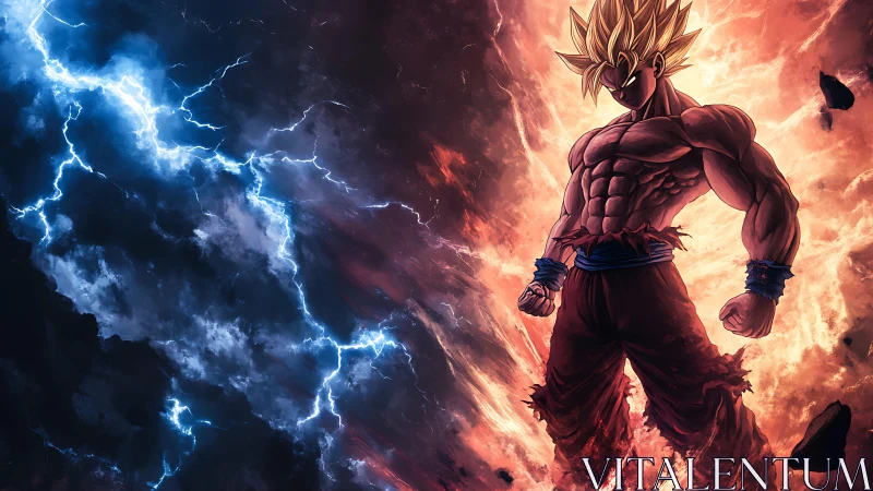 Electrifying anime warrior standing between storm and fire.