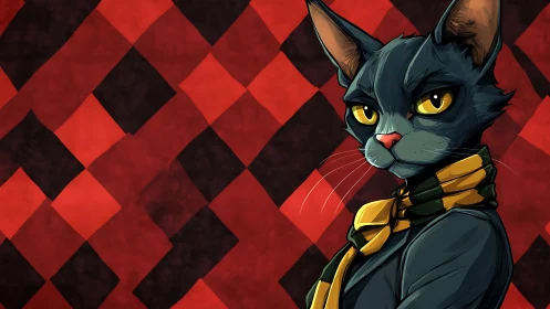 Black cat wearing gold-trimmed collar against red diamond pattern background.