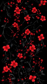 Red Floral Botanical Pattern Against Deep Black Negative Space.