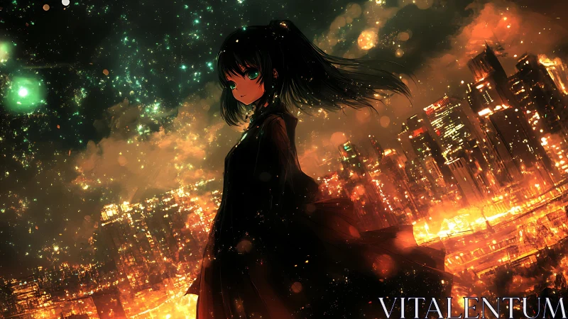 Solitary anime girl overlooks burning neon city skyline.