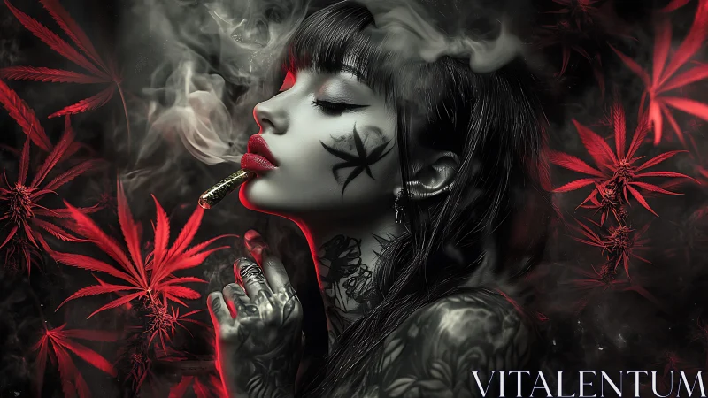 Tattooed woman smoking amid red cannabis leaves art.