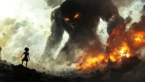 Child confronts towering fire-lit monster amid ruined cityscape.