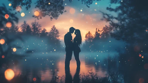 Silhouetted Couple Kissing by Illuminated Lake at Dusk.