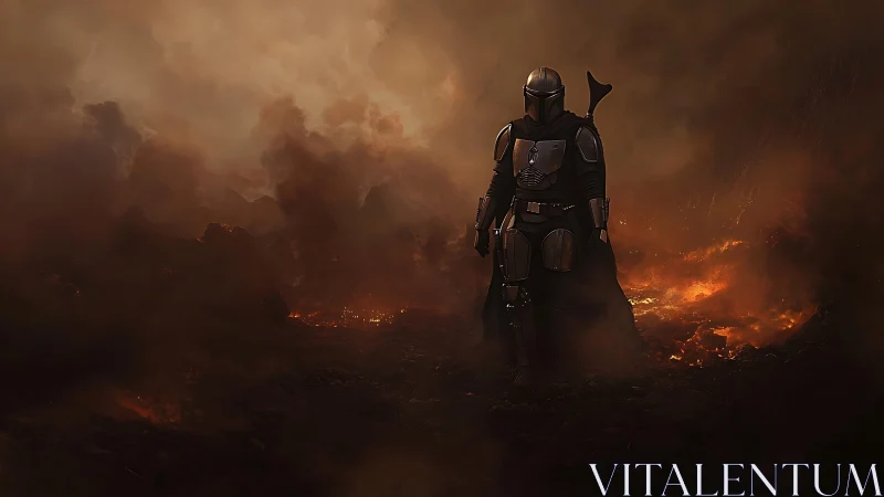 Armored lone warrior strides through volcanic battlefield haze