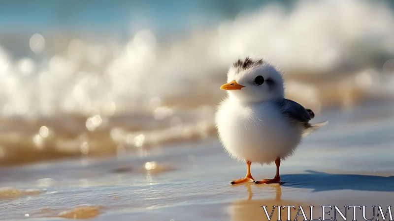 Seabird specimen on wet sand with wave backdrop.