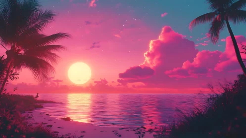 Neon sunset illuminates tranquil tropical shoreline in pink glow.