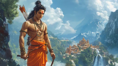 Warrior archer stands over misty valley with golden temple.