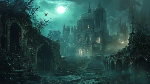Moonlit gothic cathedral amid crumbling haunted ruins.