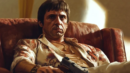 Weary kingpin slumps in velvet throne of late-night menace.