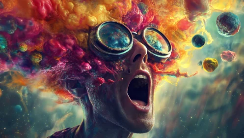 Surreal goggles-clad figure erupts in cosmic color chaos