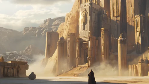 Sandstone desert citadel with monumental stepped entrance.