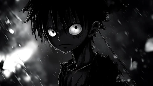 Noir-illuminated anime boy under dynamic rainfall lighting.