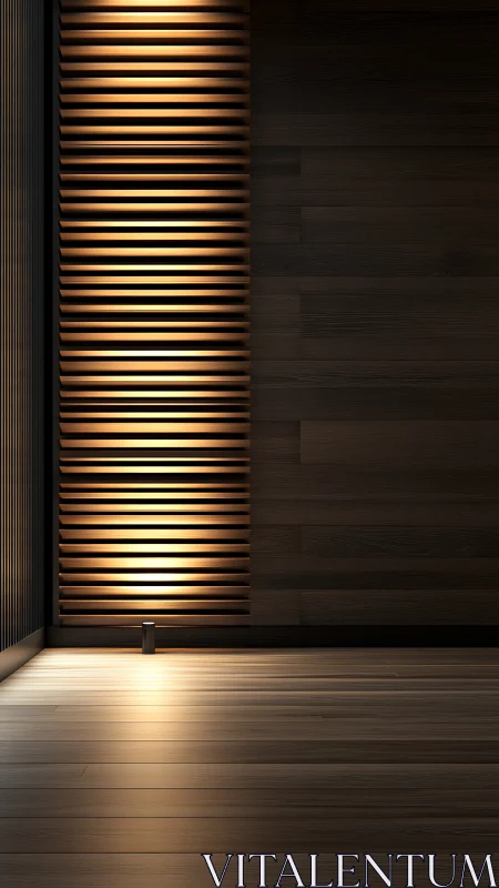 Vertical slatted wall with architectural uplight in wood interior.