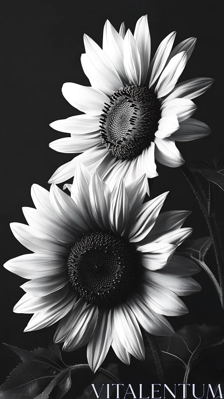 Twin Sunflowers Stage a Monochromatic Drama Against Darkness
