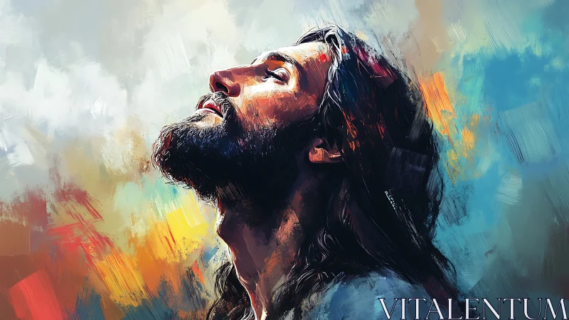 Luminous portrait of a serene man gazing toward soft skies.