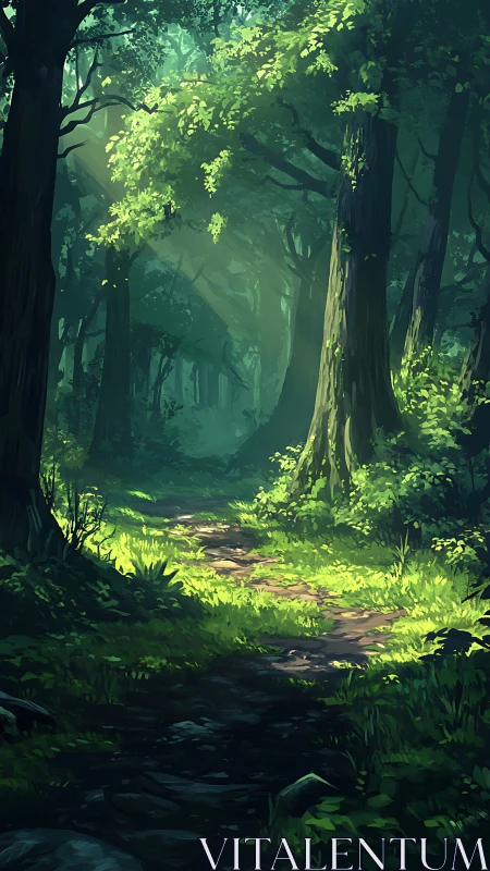 Enchanted Forest Path Bathed in Emerald Light.