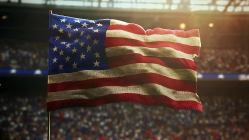Sunlit American flag ripples proudly above roaring crowd.