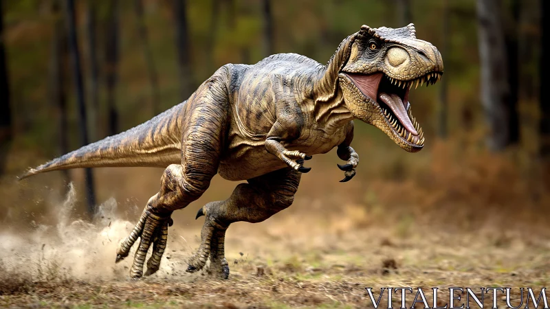 Roaring dinosaur charge across a wild forest clearing.
