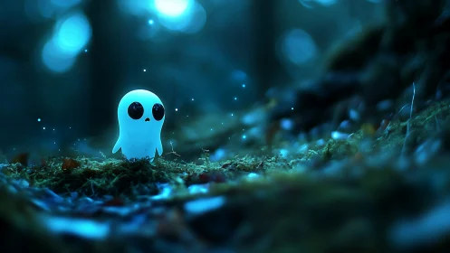 Shy blue forest ghost glows softly in a dreamy night clearing.