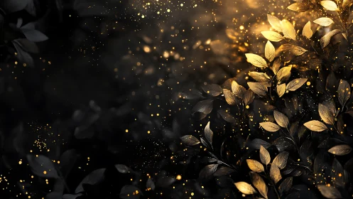 Gilded night foliage bathed in shimmering amber starlight.