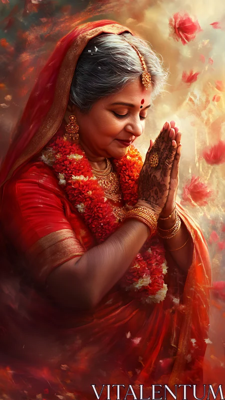 Devotional Indian elder in red sari with folded hands.