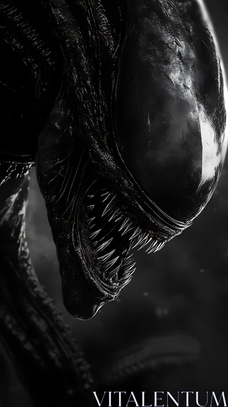 Xenomorph creature lunges forward in stark monochrome light.