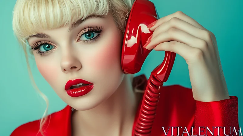 Retro chic girl with red phone and dreamy turquoise gaze.