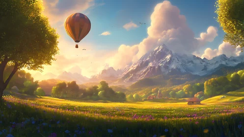 Sunny valley balloon drifting over peaceful flowered meadows.